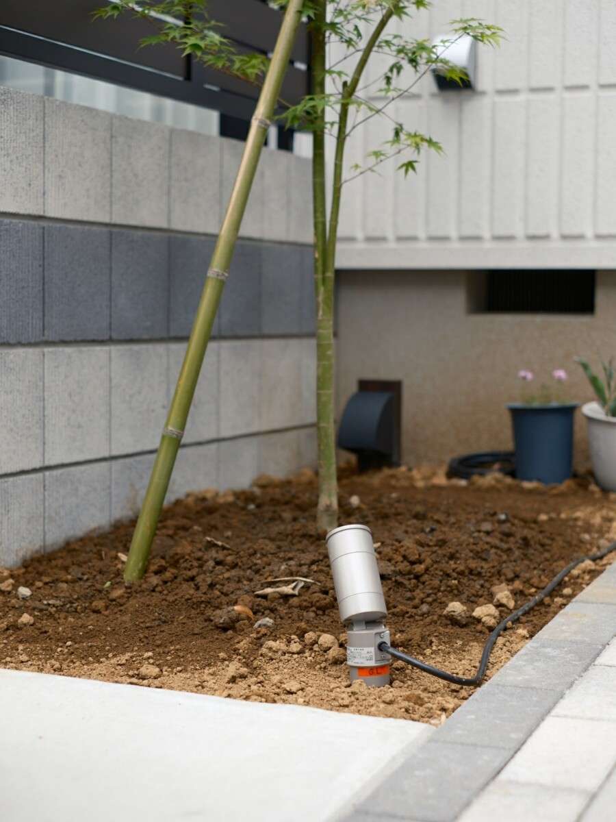 シンボルツリースペースに植えられたモミジとエクステリアライト