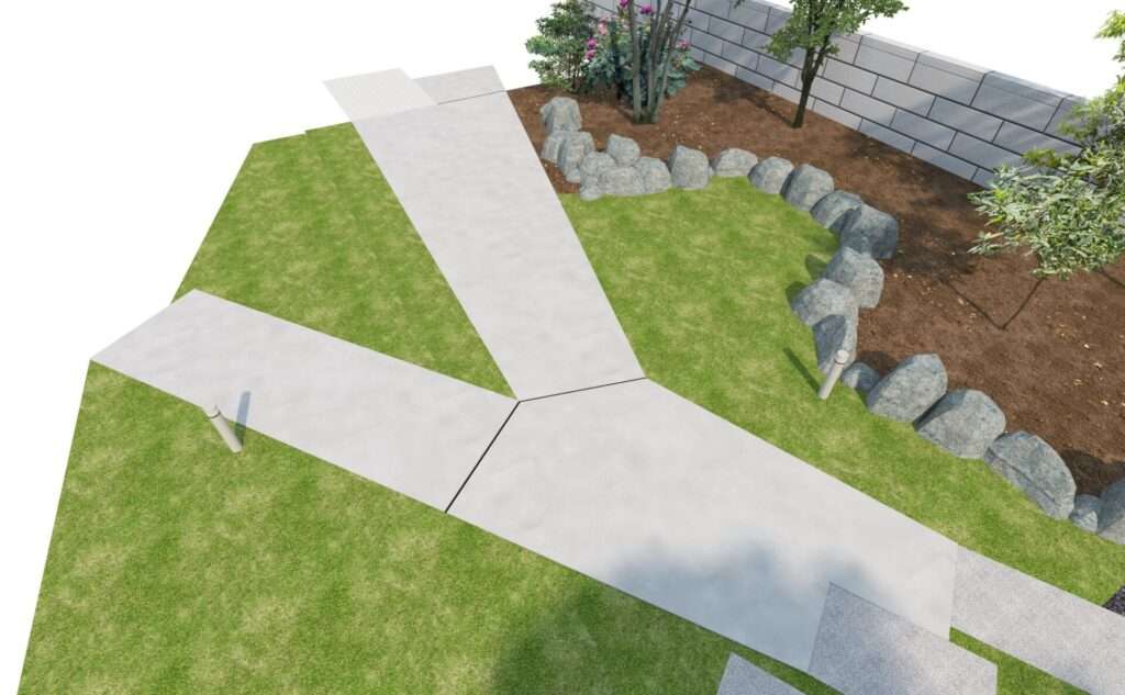 リフォーム後の3Dパース。土間コンクリートとを取り入れた新しい外構プラン