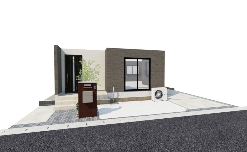 リフォーム後の駐車場拡張とロックガーデンを再現した3D CADパース。完成イメージの全景。