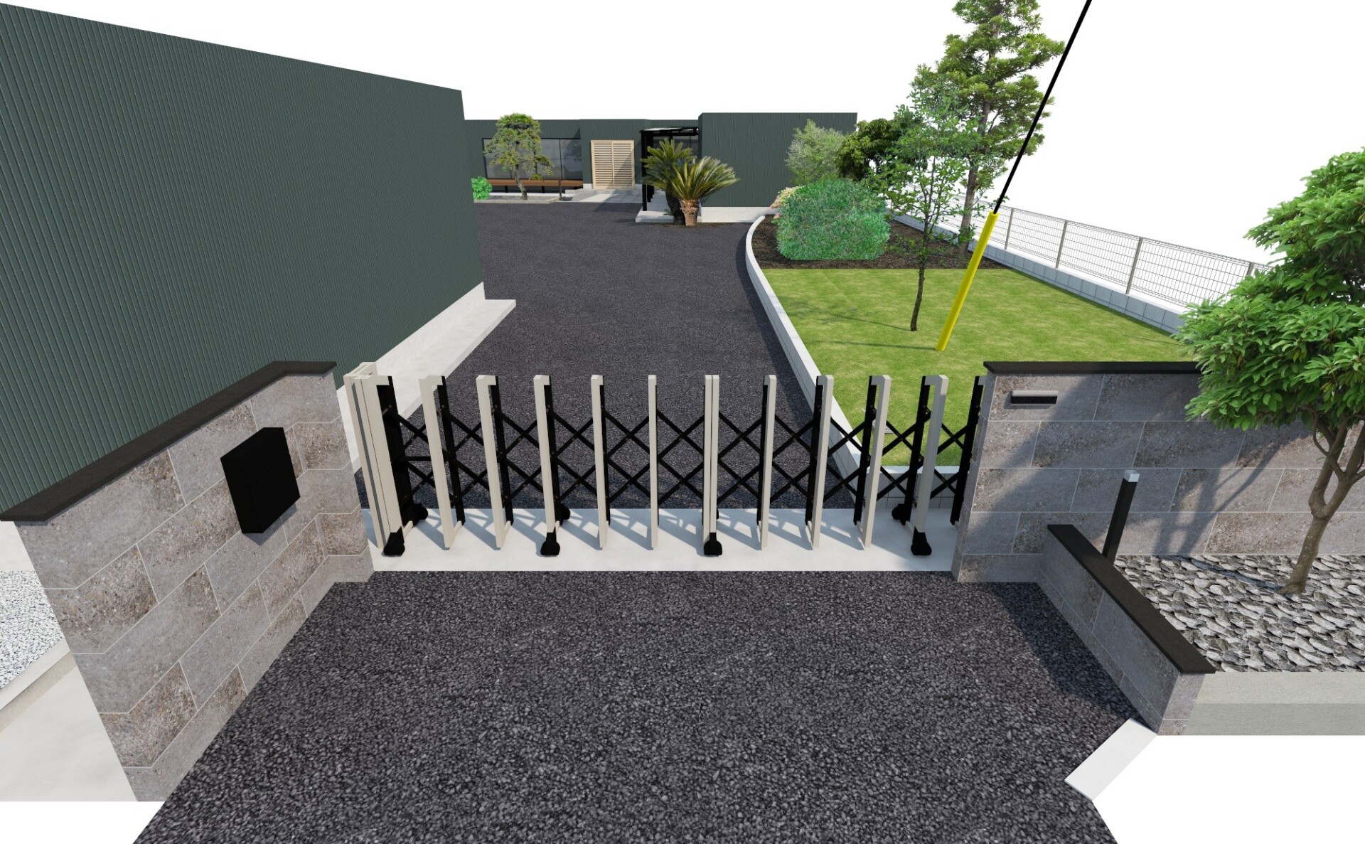 門まわりの3Dパース：大判タイルの門柱と三協アルミの電動ゲート「アルテンダ」が映える重厚なクローズド外構