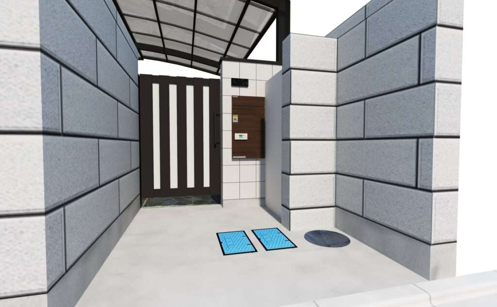 リフォーム後の3Dパース。モダンなブロックと宅配ボックスを取り入れた新しい外構プラン