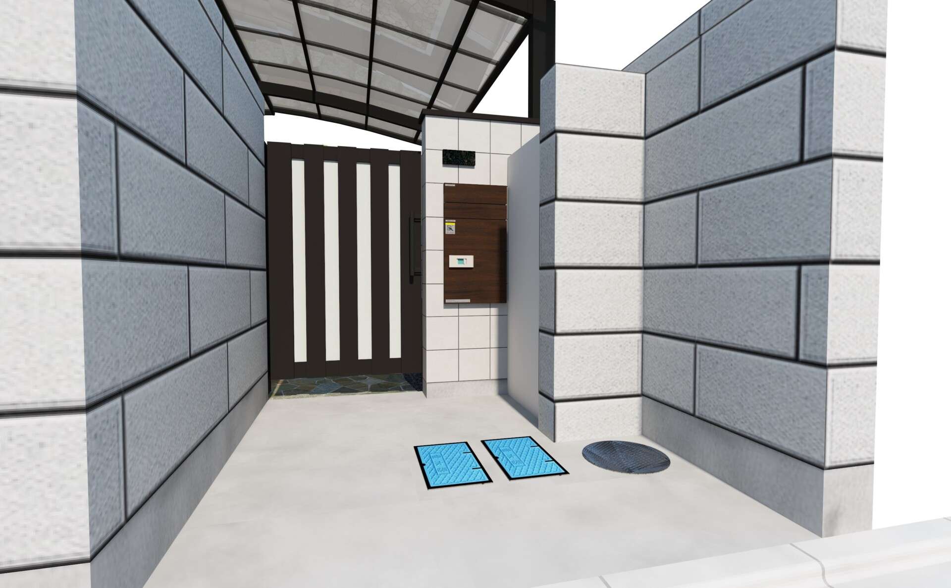 リフォーム後の3Dパース。モダンなブロックと宅配ボックスを取り入れた新しい外構プラン