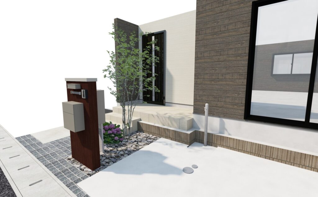 玄関前のアオダモや石の配置、フラットにした立水栓周りを詳細に描いた3D施工イメージ図。"