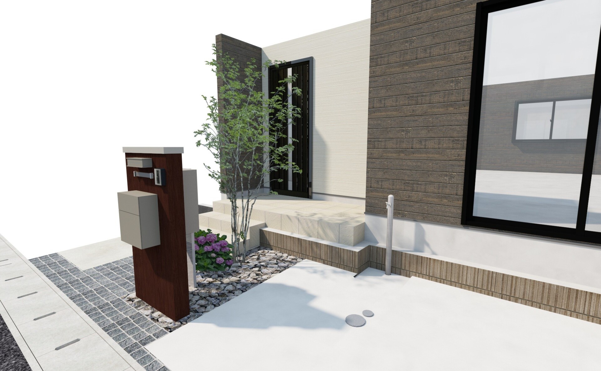 玄関前のアオダモや石の配置、フラットにした立水栓周りを詳細に描いた3D施工イメージ図。"