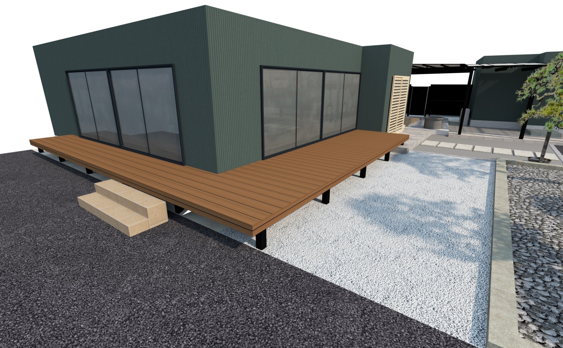 ウッドデッキ周辺の3Dパース：L字型デッキから人工芝のお庭へと続く、開放感あふれるプライベート空間のイメージ