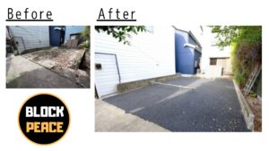 Before： 古い家の基礎が残り、雑草や瓦礫が散乱している解体前の遊休地の様子。After： 全面を黒いアスファルトで舗装し、単管パイプで区画を分けた清潔感のあるバイク置き場。