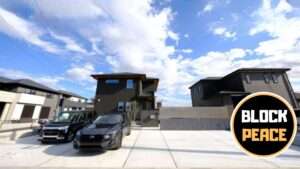 春日部市の新築外構全景。大判タイル門柱と目隠しフェンスが特徴のメリハリをつけたセミクローズ外構。