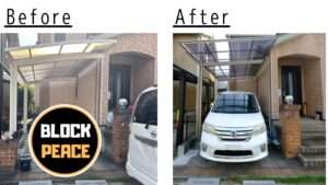 キャンピングカー対応のフーゴFタイプカーポート施工のBefore⇒Afterの様子。