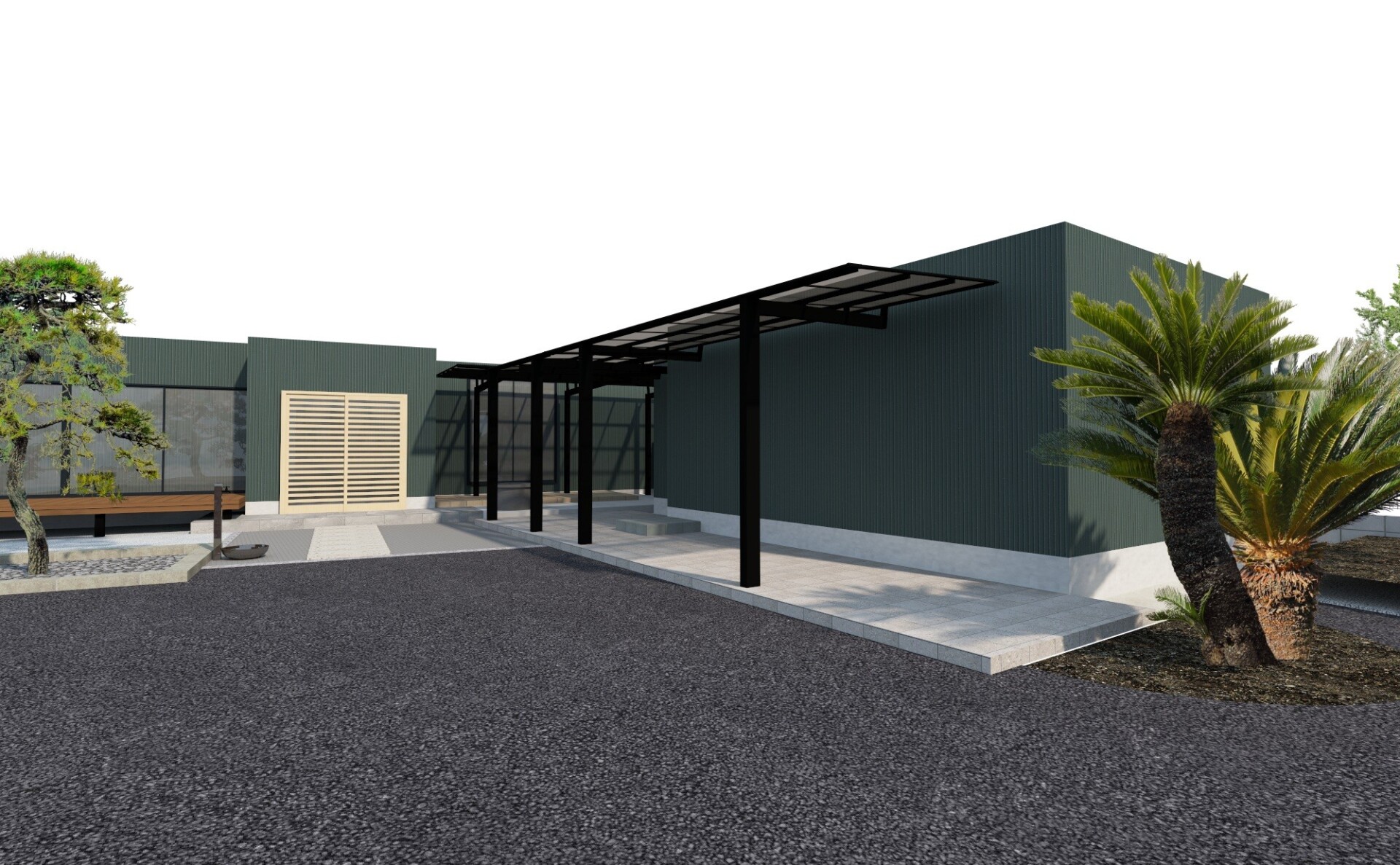 敷地全体を俯瞰した3Dパース：門まわりから母屋連絡通路、広い芝生のお庭までを網羅した外構計画図