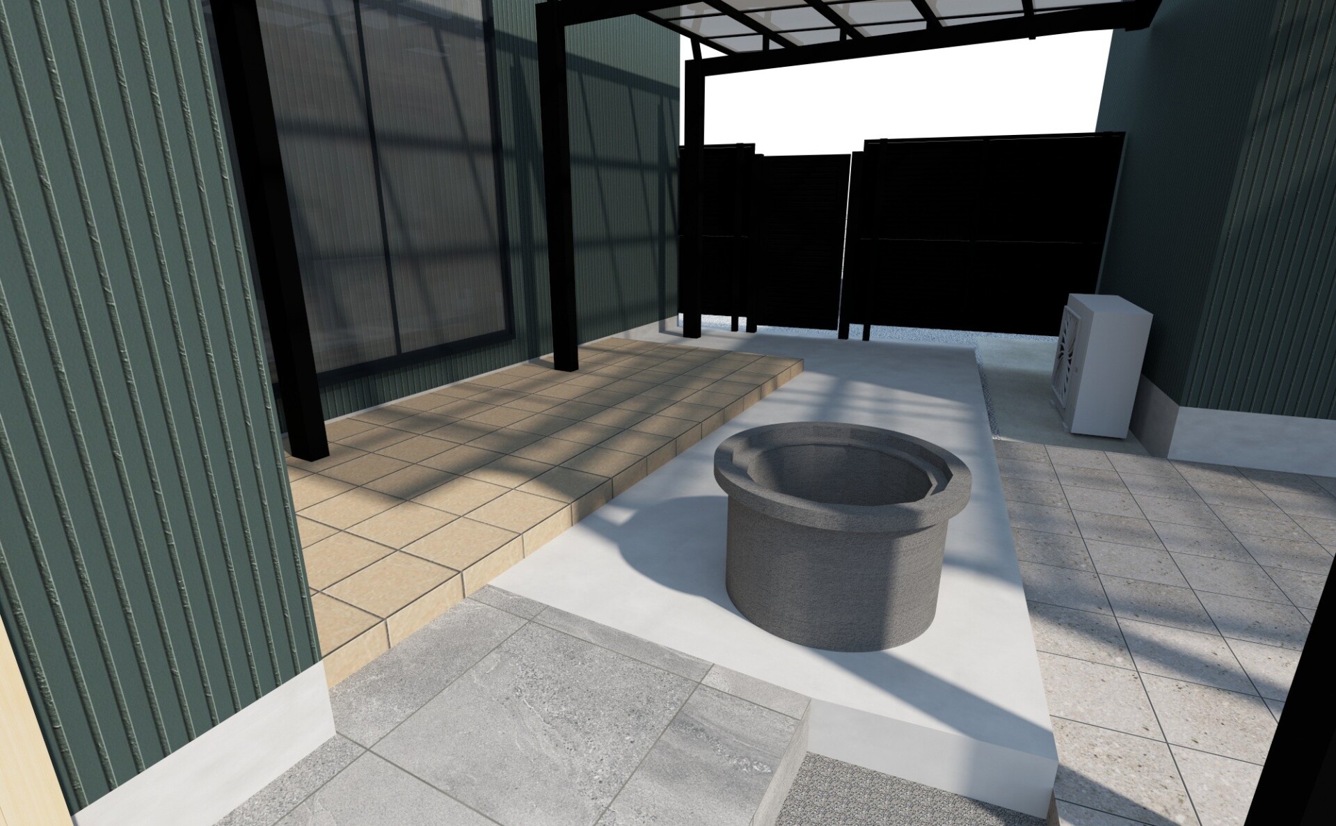 連絡通路の3Dパース：サイクルポート「マイリッシュ」を連棟させた屋根付き通路と、バリアフリーな足元の意匠