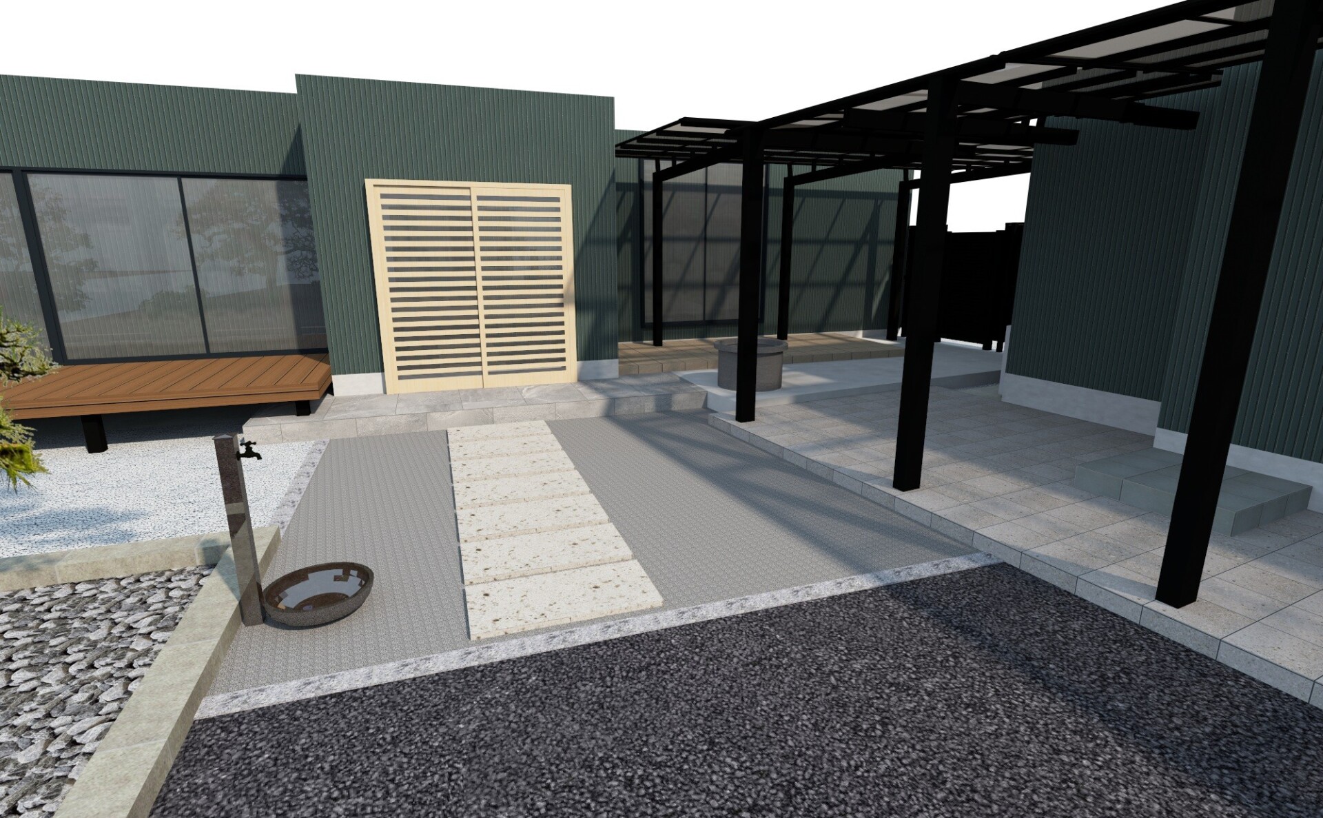 玄関アプローチの3Dパース：オオヤペイブの平板と樹脂洗い出しで構成された、歩きやすく格式高い通路デザイン