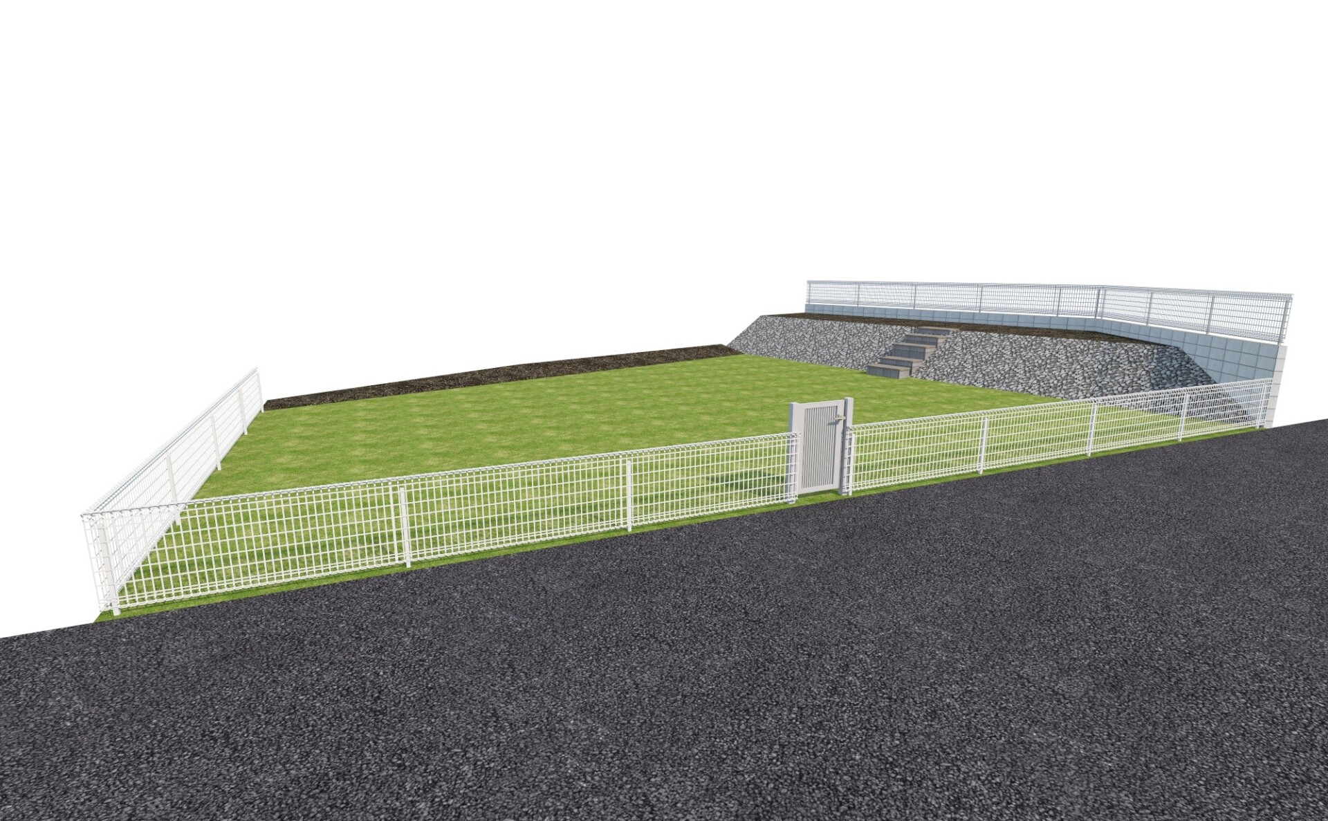 広大な庭の3Dパース：人工芝とアスファルト式でメンテナンスフリーで美しくなったイメージ図