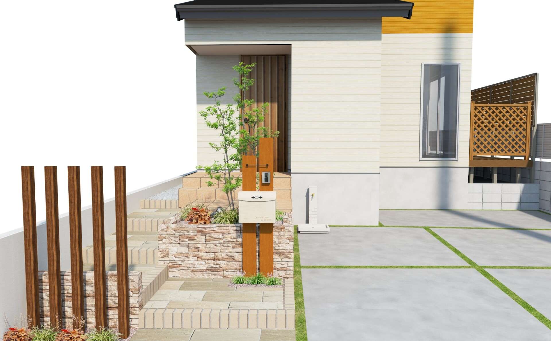 住宅全体の外構デザイン3Dパース。ウッドデッキやシンボルツリーの配置が分かるイメージ。