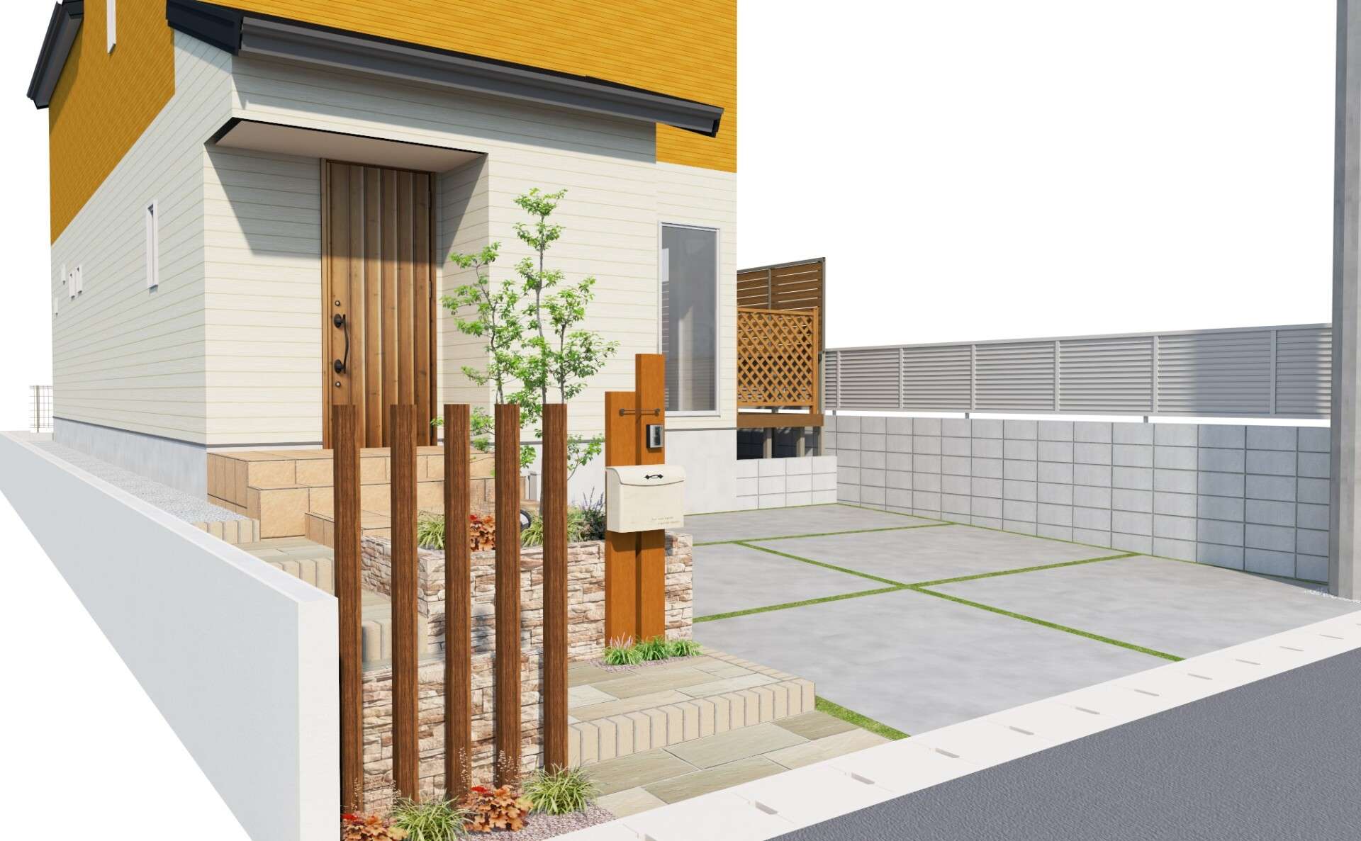 提案時の3Dパース図。玄関周りの外構デザインがリアルに再現されている。