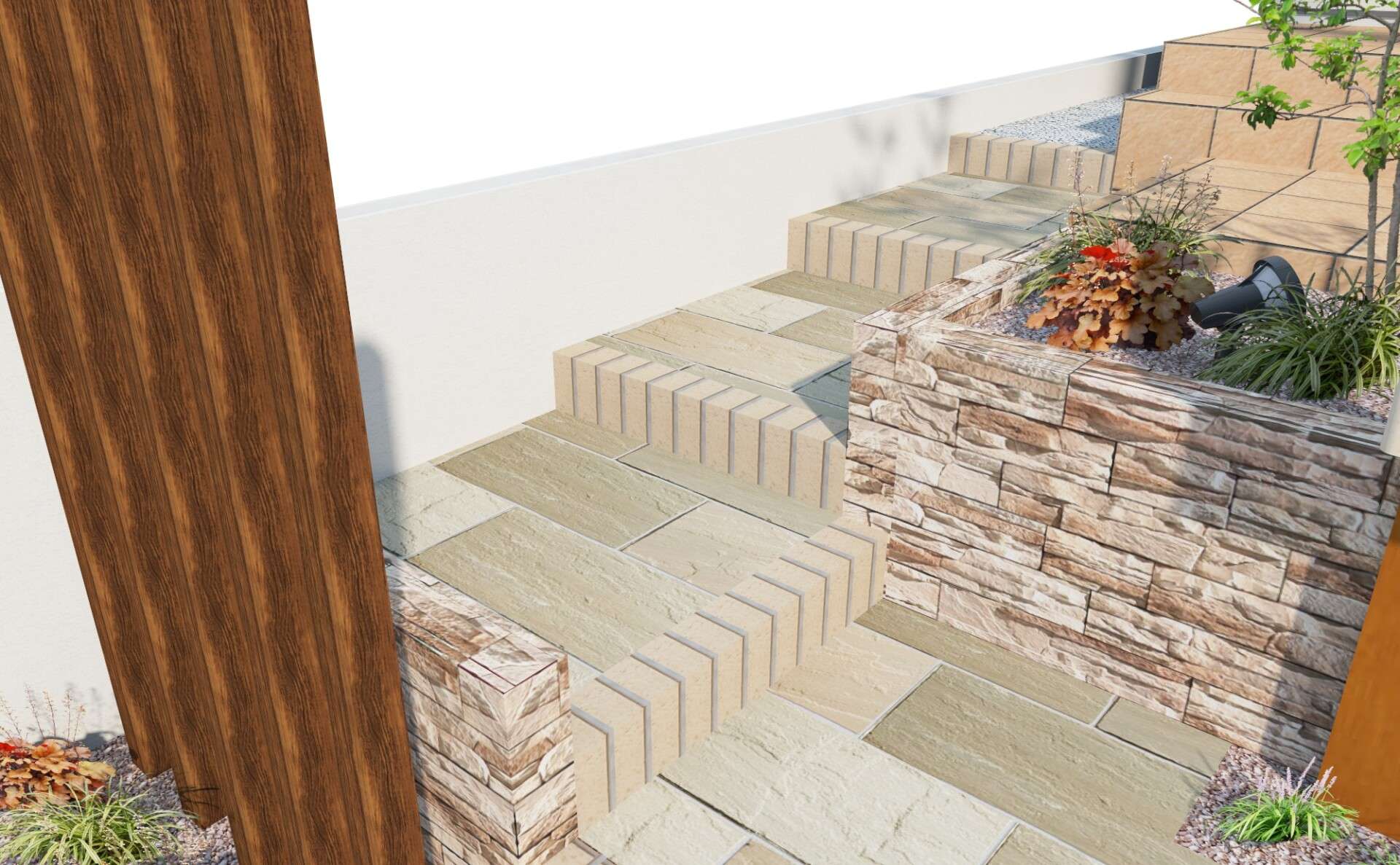 玄関前のオープン外構をイメージした3Dパース。自然素材を活かしたデザインが特徴的。