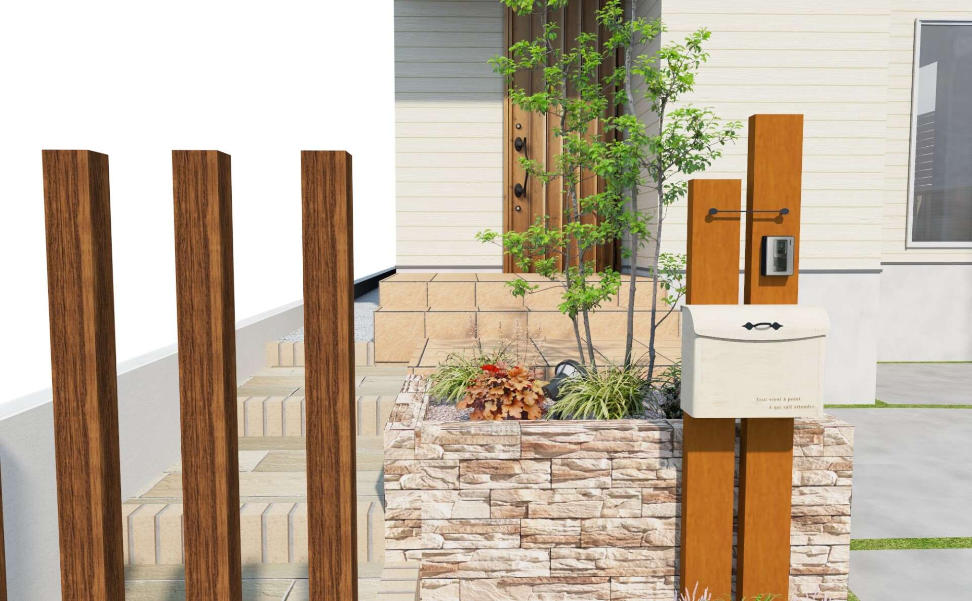 玄関前の外構計画を示す3Dパース。植栽や門柱のバランスが考慮されたデザイン。