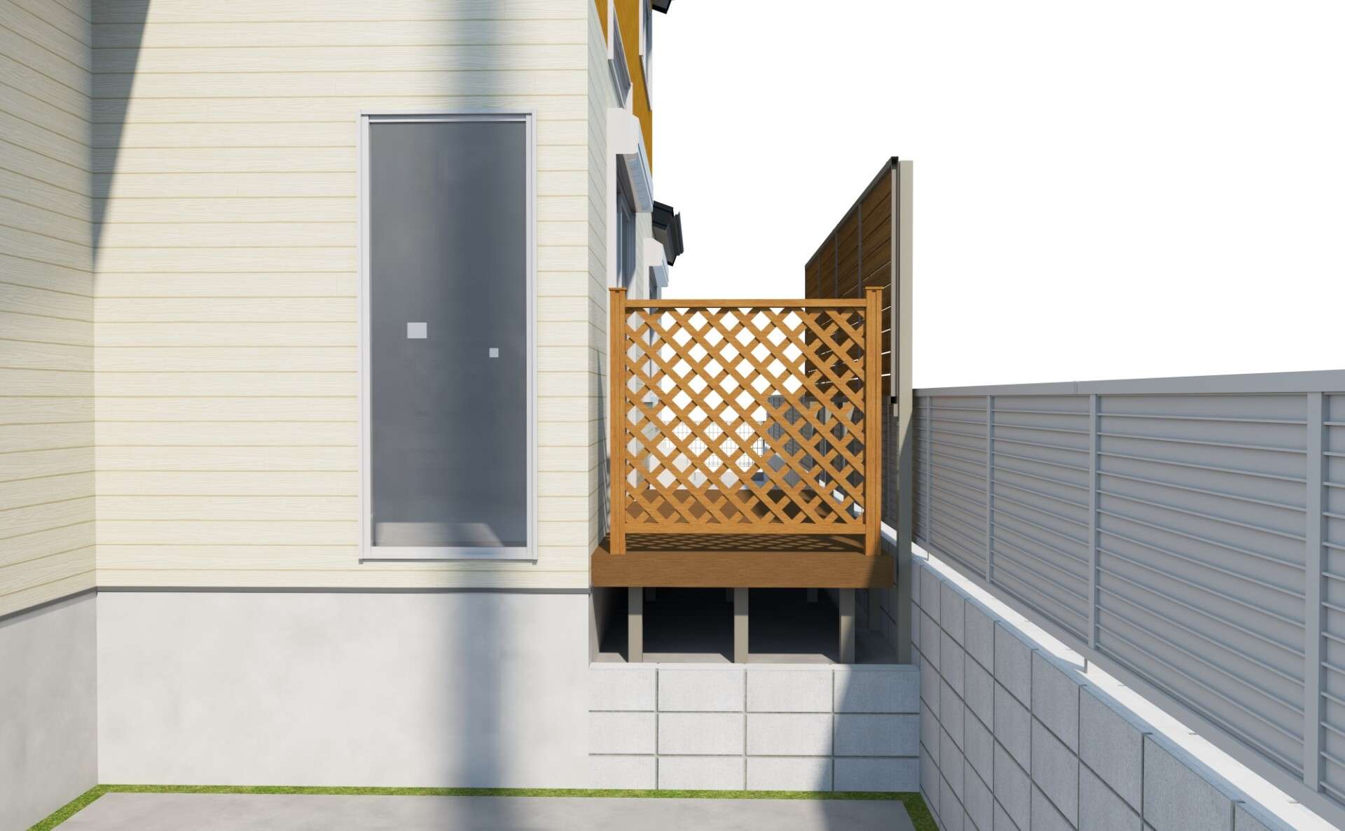 目隠しフェンスとウッドデッキの3Dパース。完成後の雰囲気を確認できる設計イメージ。