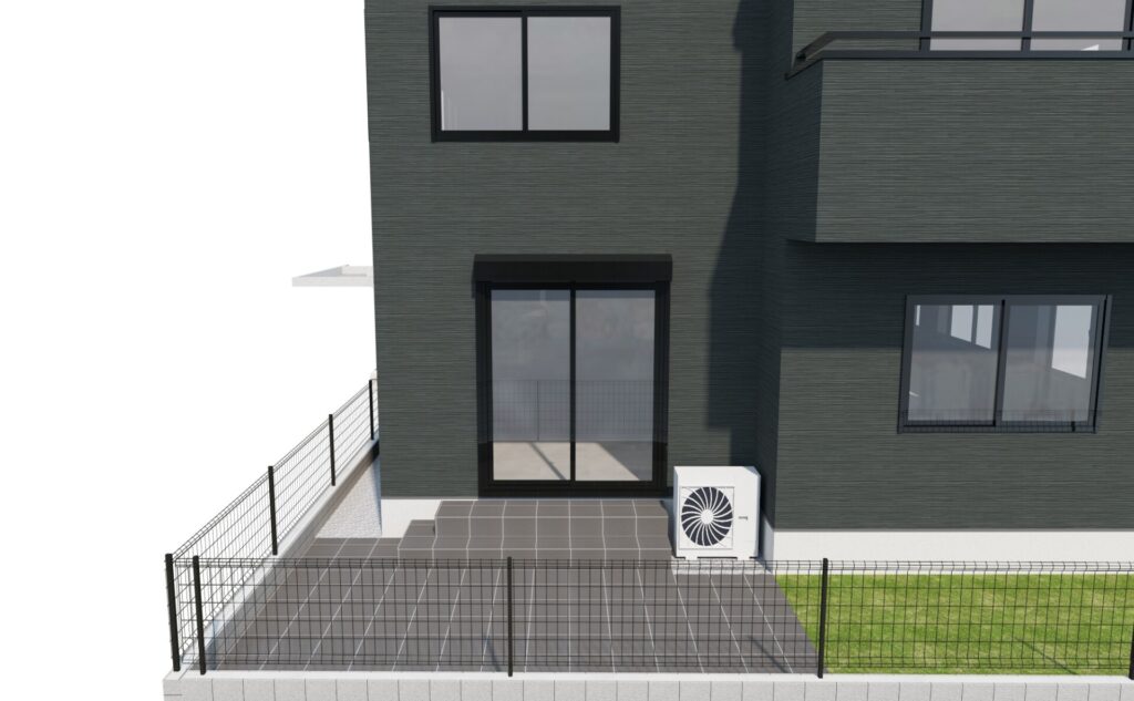 完成イメージを共有するための3DCADパース。タイルデッキと建物のバランスを確認。