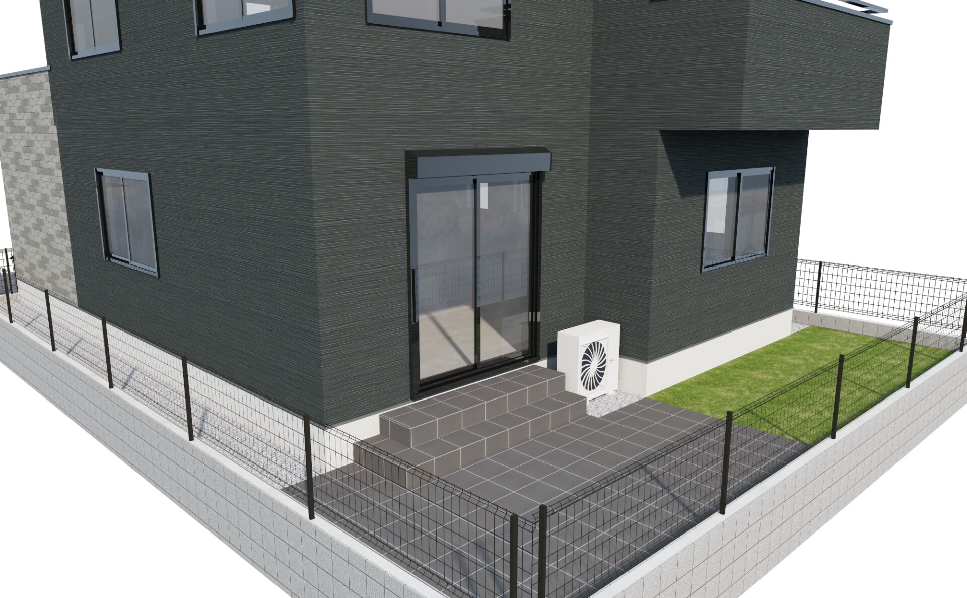 3DCADで作成された施工前のイメージパース。上空から見た庭全体のレイアウト。