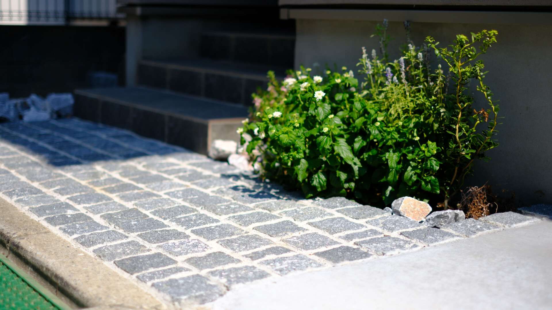 ローズマリーや低木を植えた足元の植栽スペース