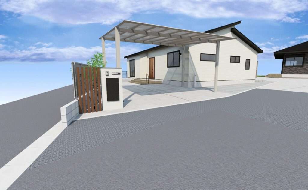 カーポート「スカイリード」を設置した外構デザインとアプローチの3DCADパース