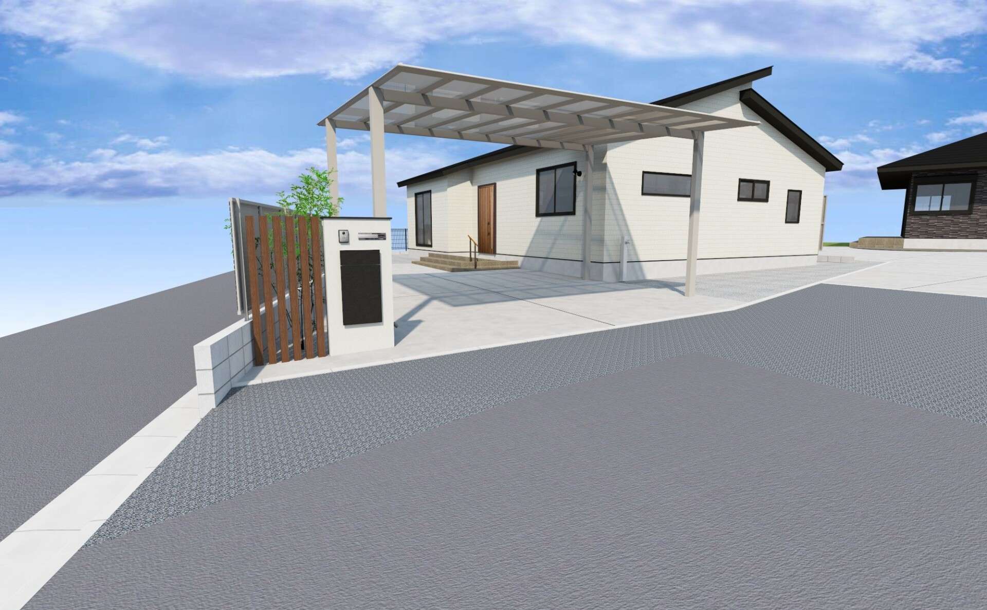 カーポート「スカイリード」を設置した外構デザインとアプローチの3DCADパース