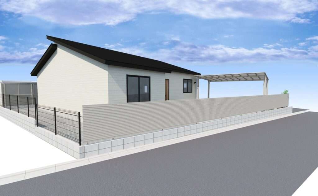 玄関まわりや目隠しフェンスを含めた新築外構計画の3DCADパース