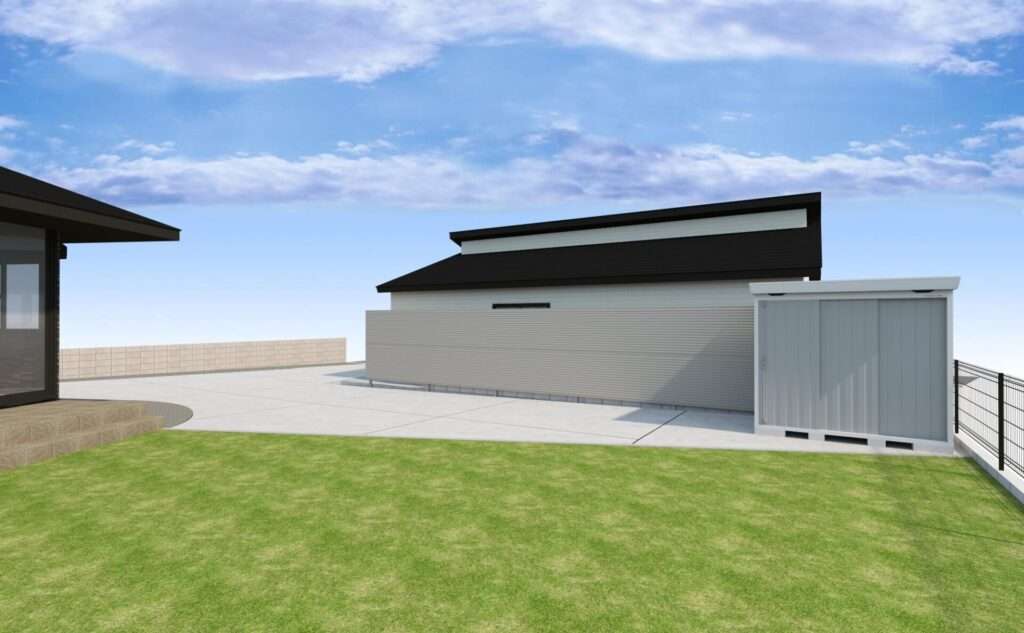 敷地の裏側の目隠しと物置の3DCADパース