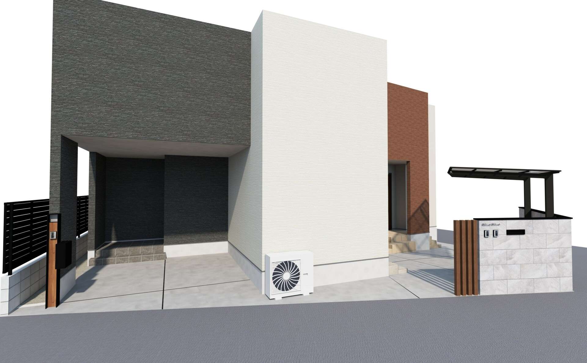 道路沿いから見た三世帯住宅外構の3Dパース、タイル門柱と塀の全体イメージ