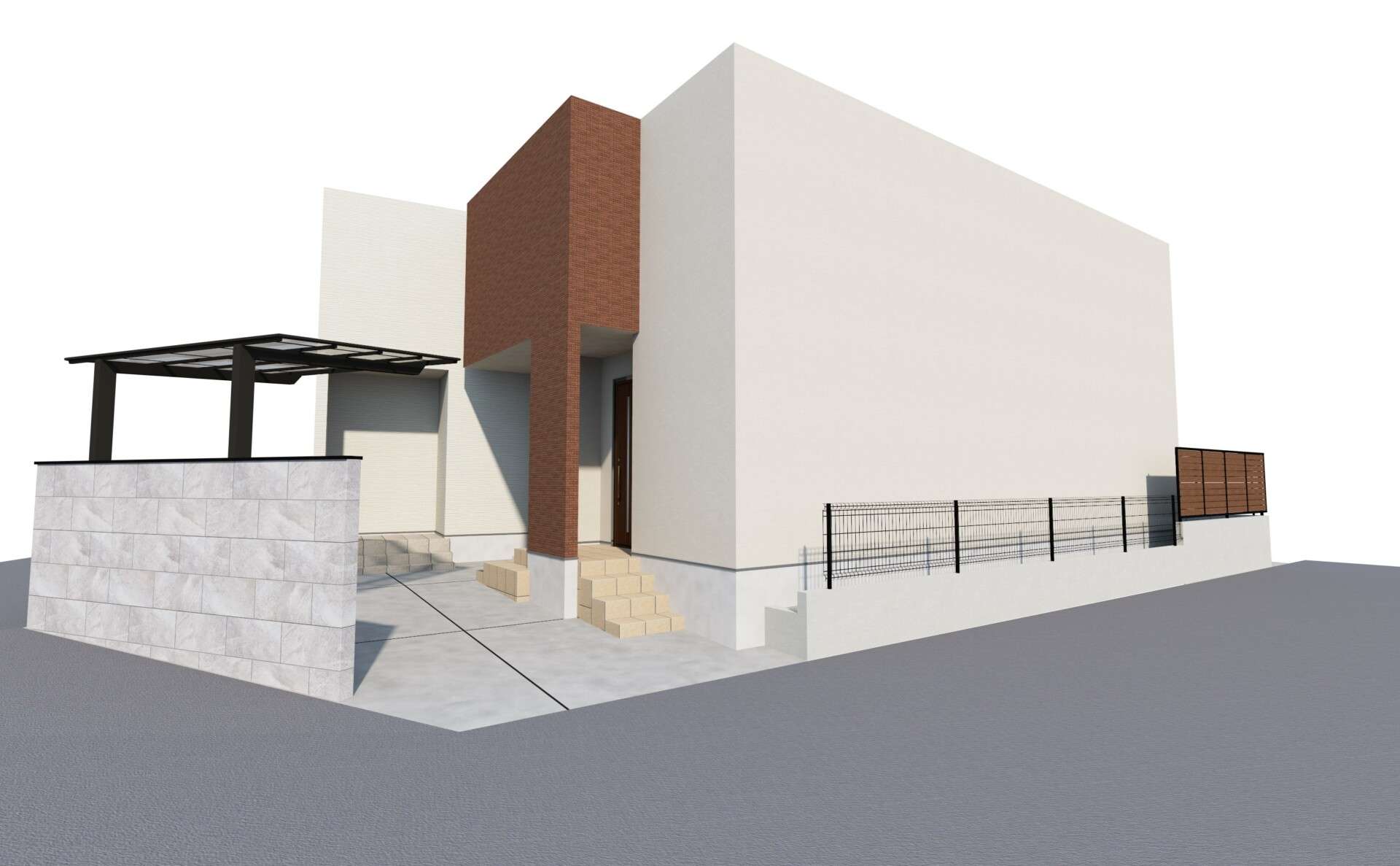 変形地の角部分を強調した外構3Dパース、門柱と駐輪場の位置関係