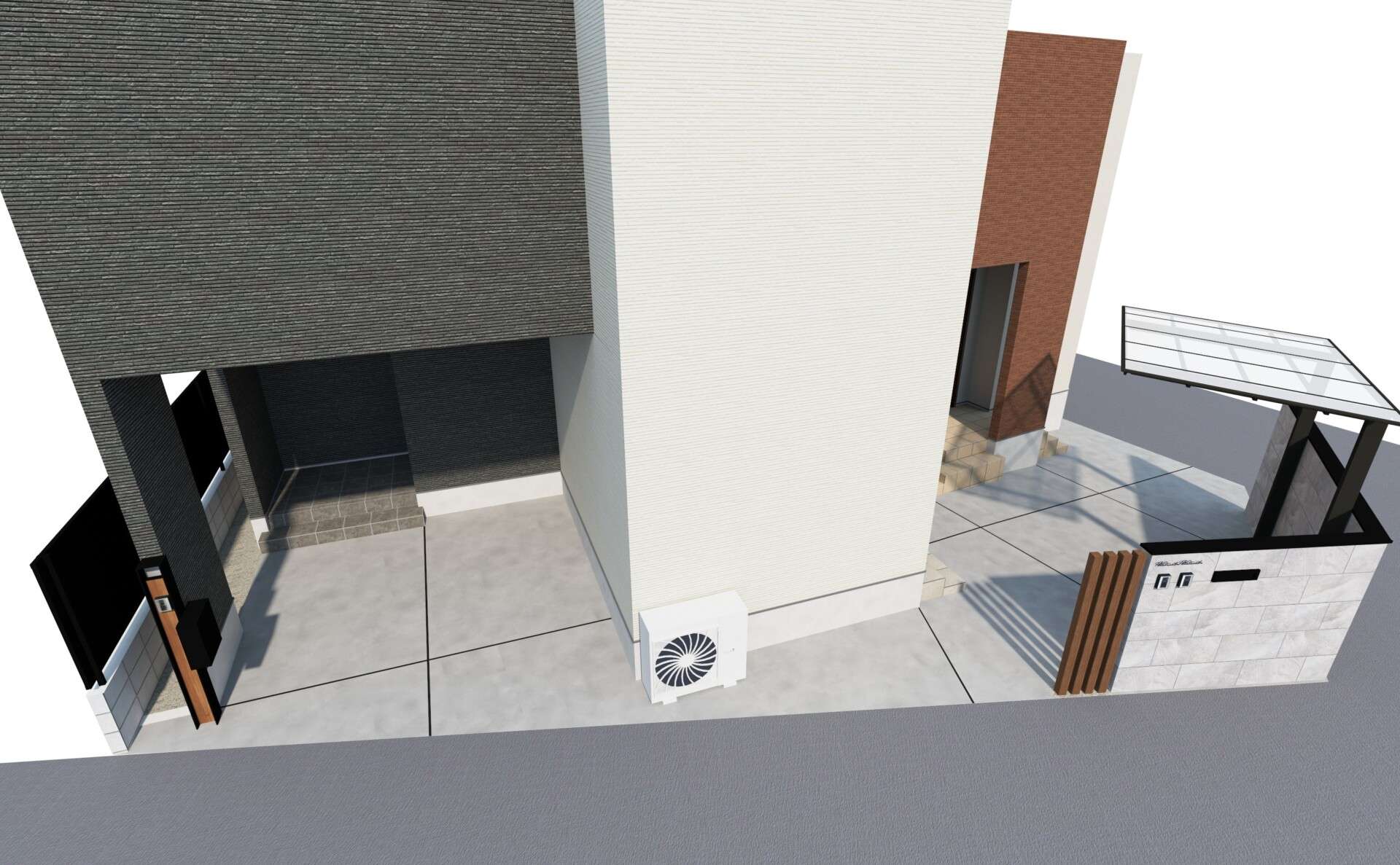 「三世帯住宅2棟を一体的にまとめた外構全景の3Dパース