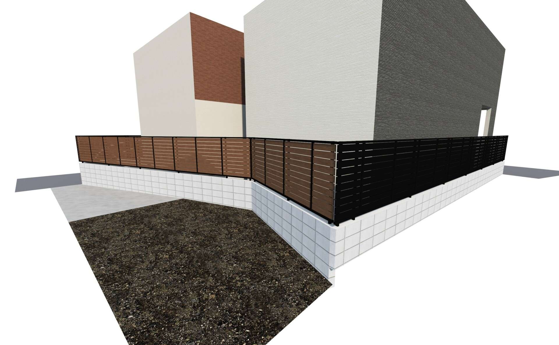 変形地のフェンスのつながりを強調した外構3Dパース