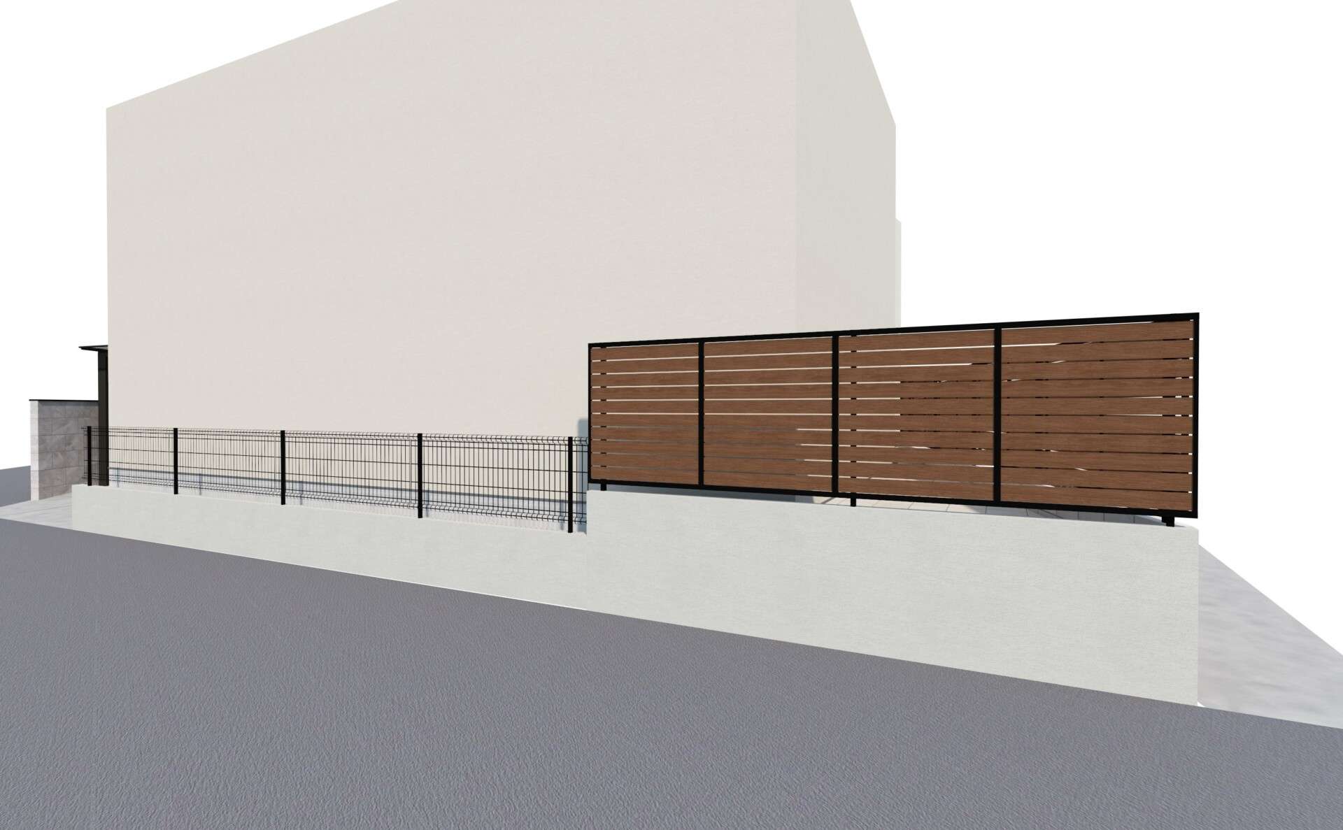 塀とフェンスが連続する道路沿いの外構ラインを示した3Dパース