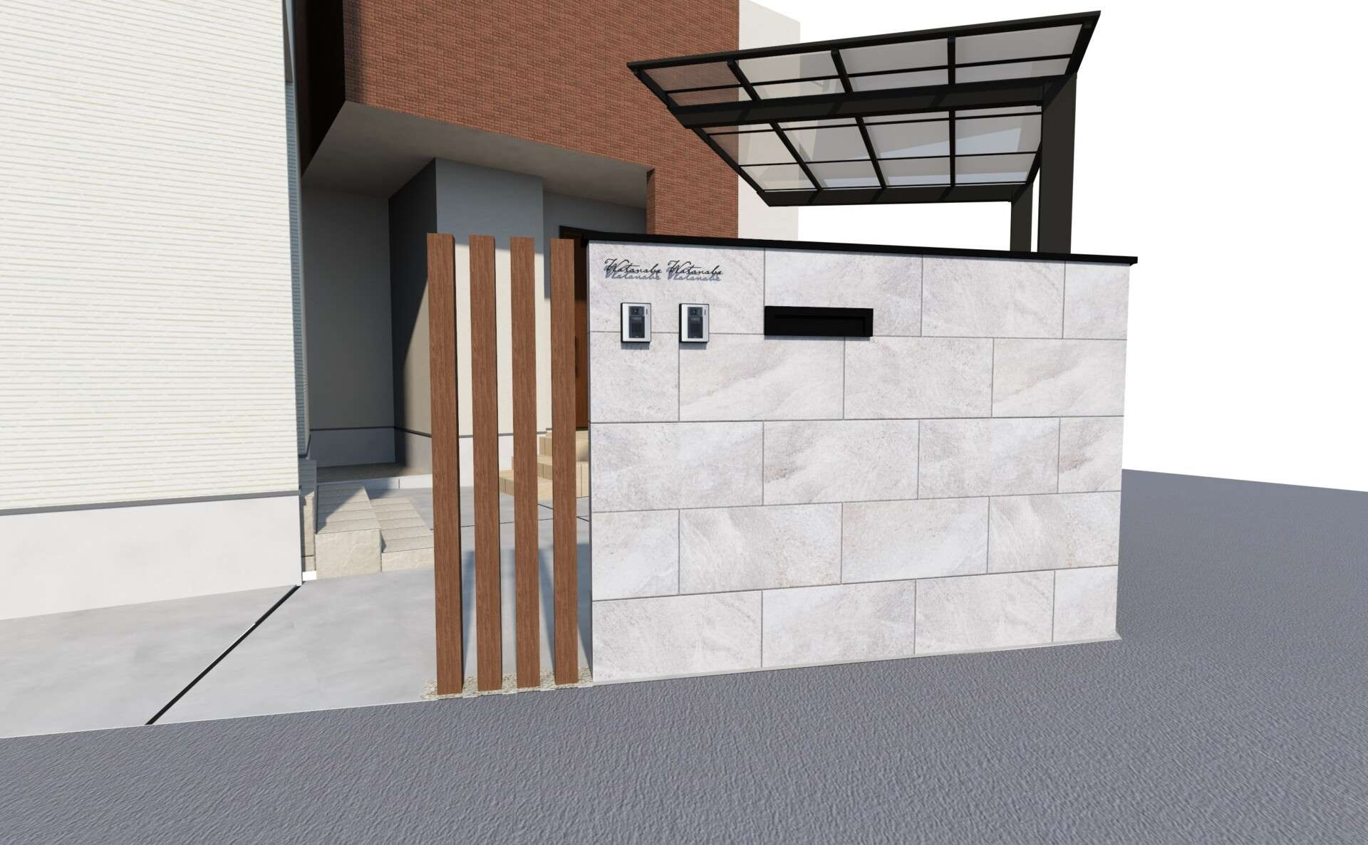 タイル門柱とポスト・表札を組み合わせたデザインを示す3Dパース