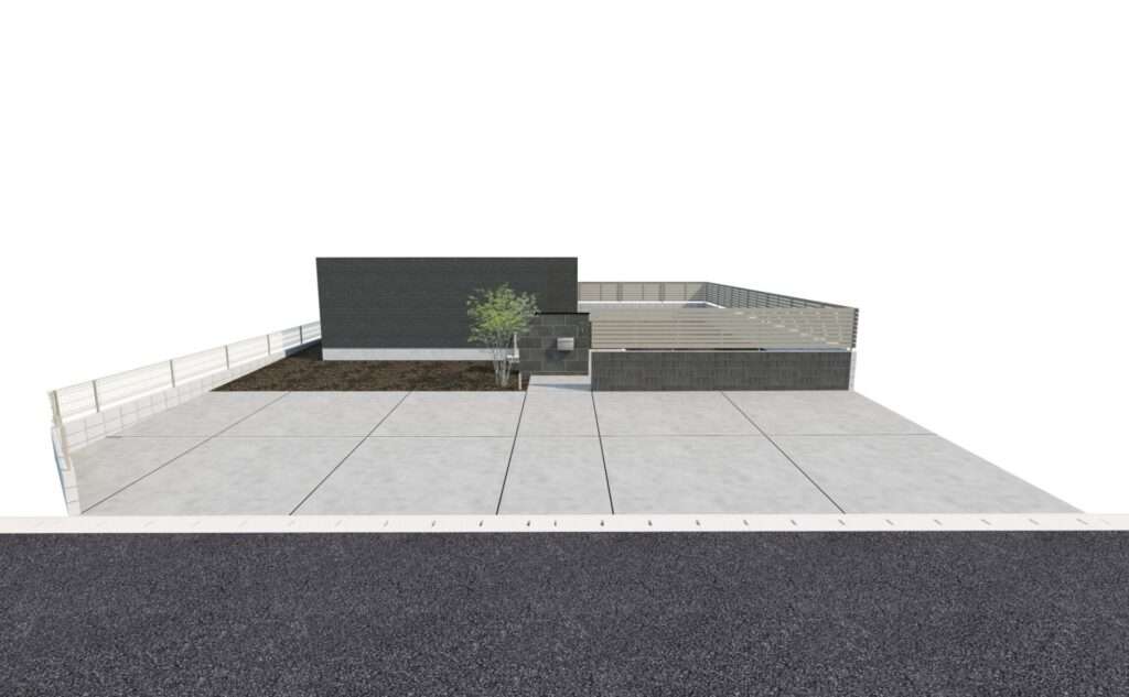 3DCADパース図3。門柱を正面から見たアプローチ周辺の立体イメージ。植栽の配置も確認。