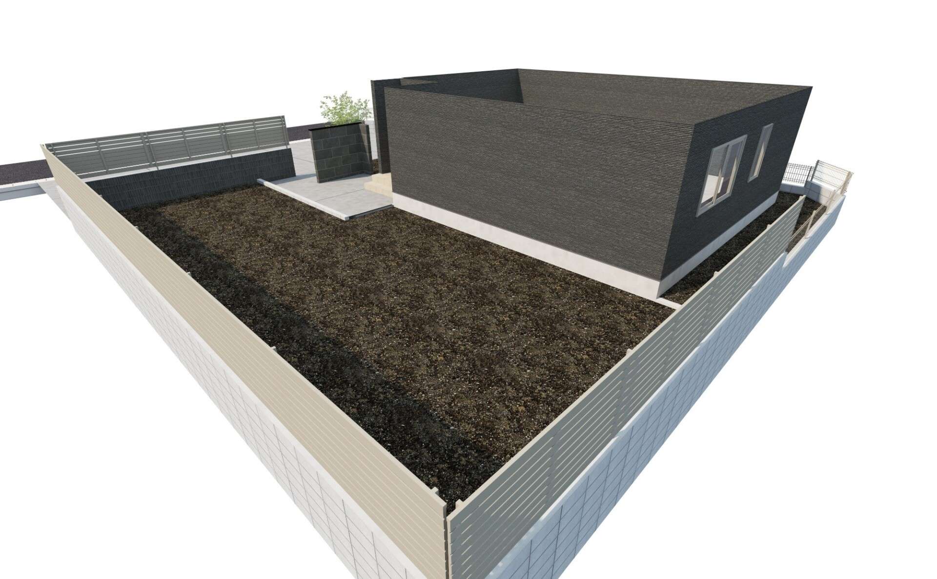 3DCADパース図2。広い敷地を上から見た全体イメージ。アプローチと駐車場のバランスを確認。