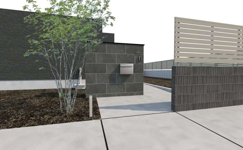 3DCADパース図1。タイル門柱、駐車場、人工芝の庭を含む外構の俯瞰図。