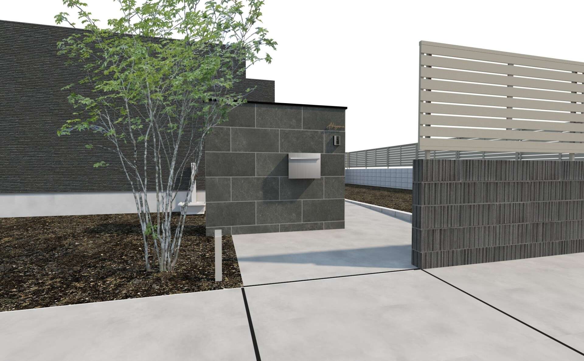 3DCADパース図1。タイル門柱、駐車場、人工芝の庭を含む外構の俯瞰図。