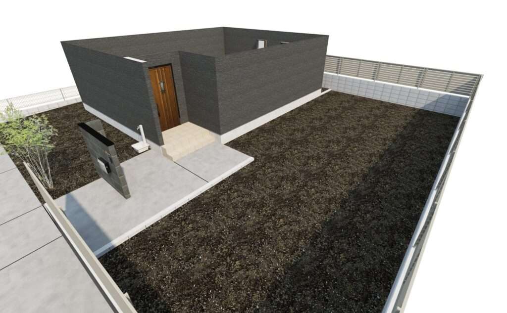 3DCADパース図4。庭側から見た目隠しフェンスと人工芝の3Dイメージ。VRパースへのリンク付き。