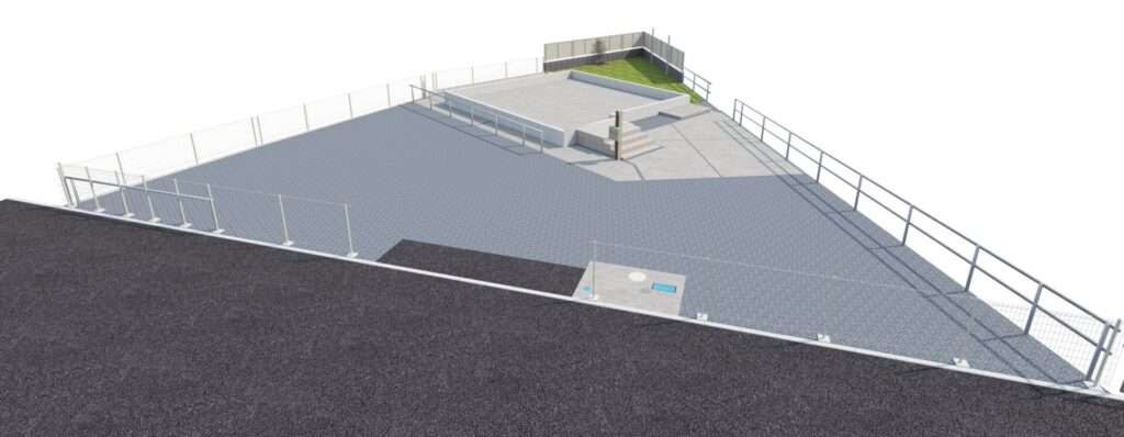 一条工務店の新築外構全体を俯瞰した3DCADパース。人工芝と目隠しフェンス、駐車スペースの配置がわかる全景図