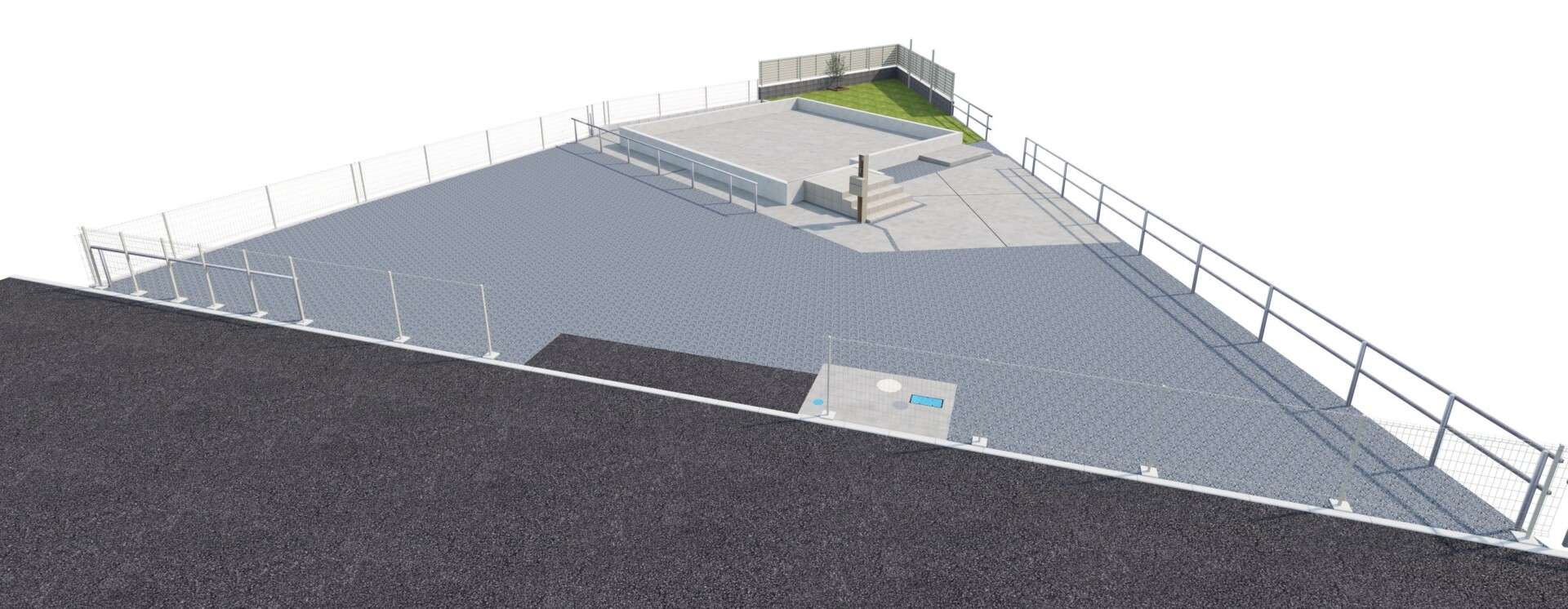 一条工務店の新築外構全体を俯瞰した3DCADパース。人工芝と目隠しフェンス、駐車スペースの配置がわかる全景図