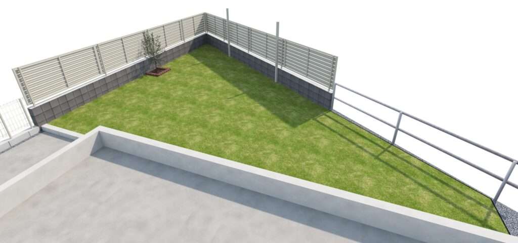 人工芝とレンガ花壇、オリジナル物干しスペースのある庭部分の3DCADパース