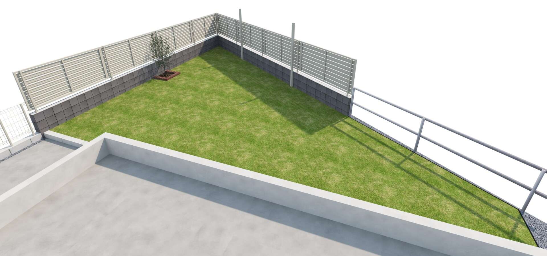 人工芝とレンガ花壇、オリジナル物干しスペースのある庭部分の3DCADパース