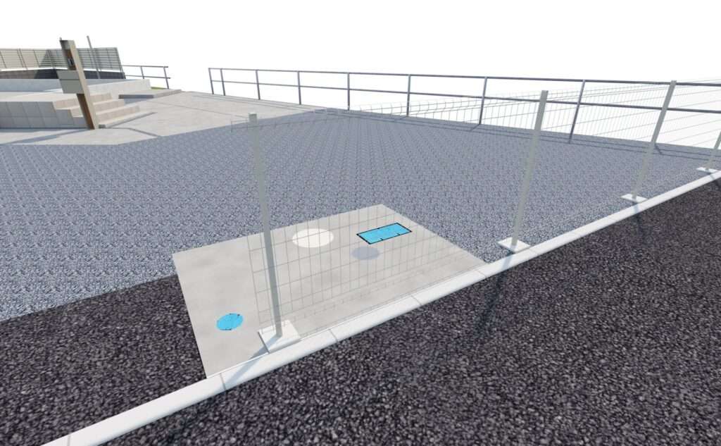 貸し駐車場ゾーンとスチールメッシュフェンスを示した境界側の3DCADパース。敷地活用の工夫が見える図