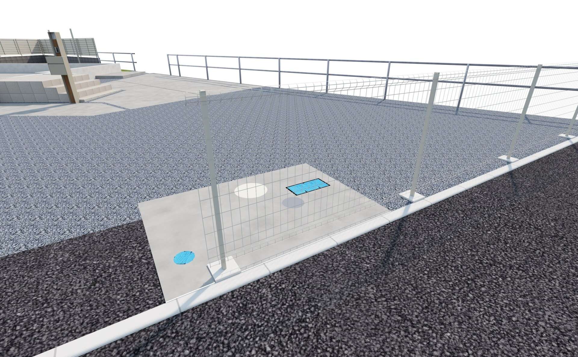 貸し駐車場ゾーンとスチールメッシュフェンスを示した境界側の3DCADパース。敷地活用の工夫が見える図