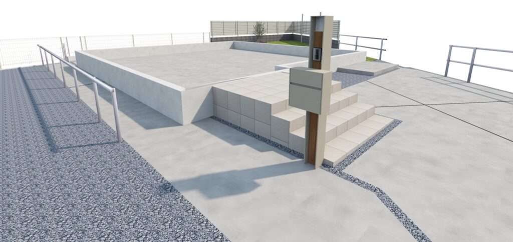 玄関アプローチと駐輪スペースを再現した3DCADパース。機能性と動線計画が伝わる構成