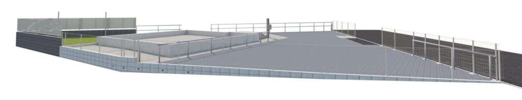 道路側から見た3DCADパース。機能門柱の配置が確認できる外構の立体図