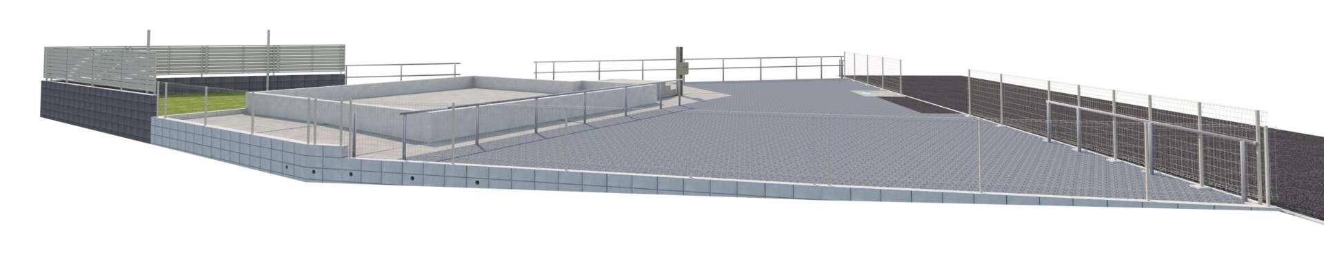 道路側から見た3DCADパース。機能門柱の配置が確認できる外構の立体図