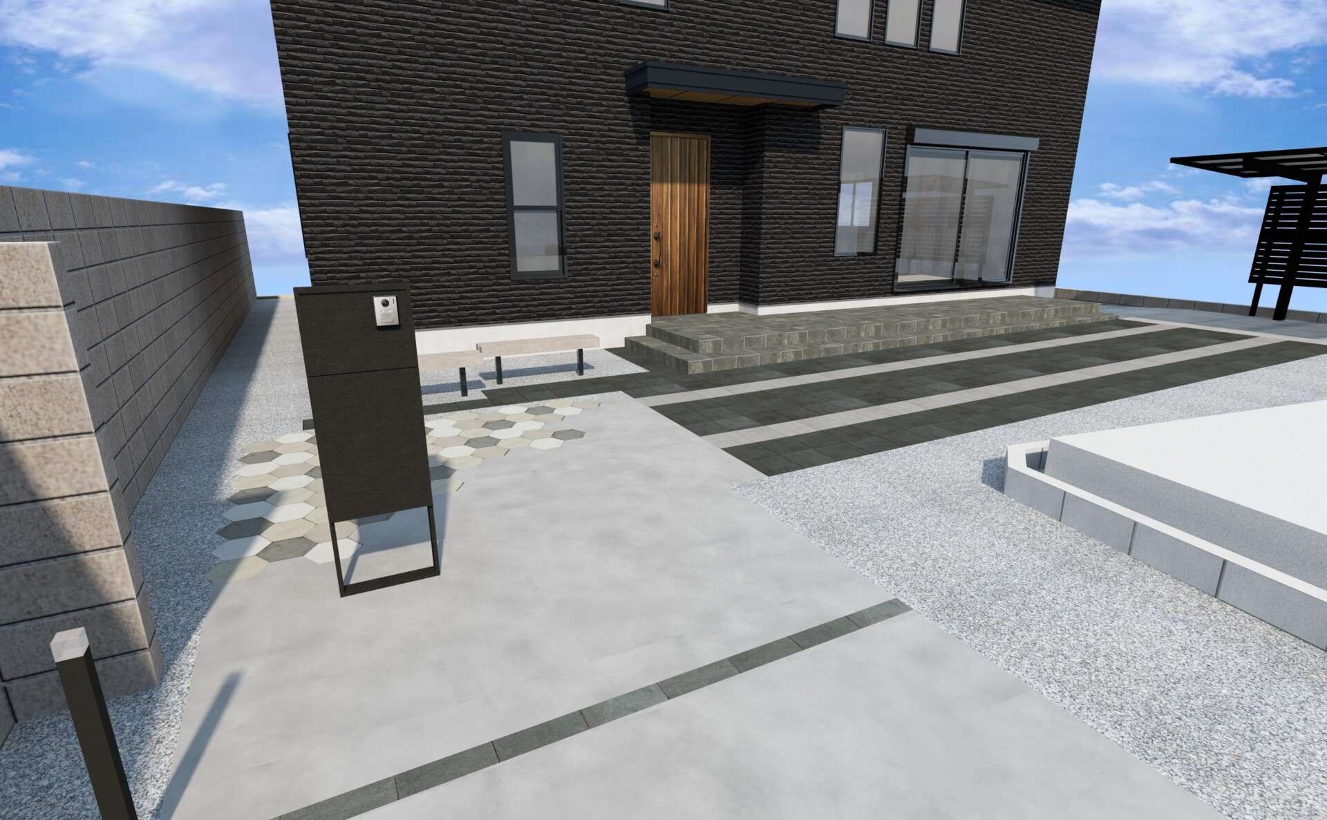 ビームベンチとニュートペイブ ヘキサーを配置した庭スペースの3Dパース