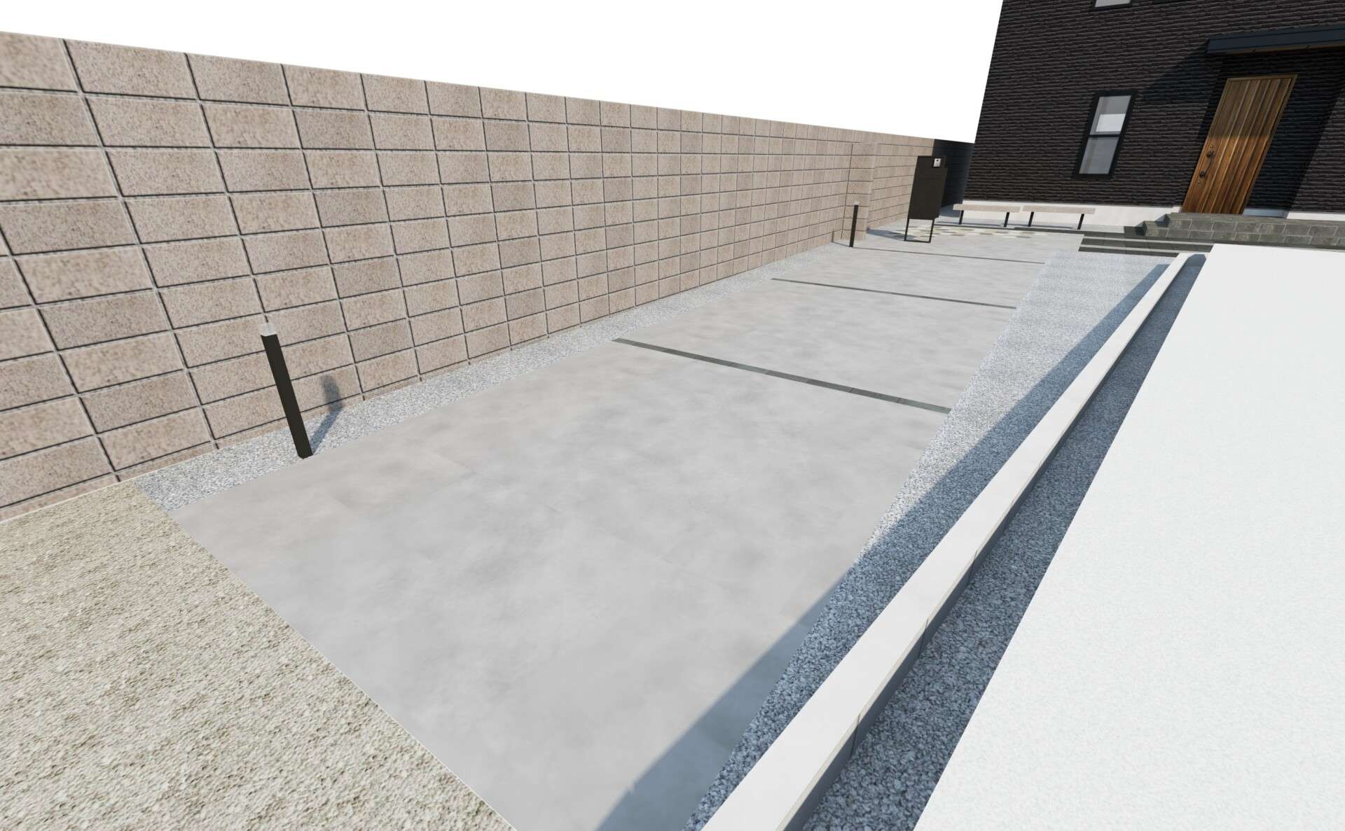 玄関前アプローチの動線計画を示す3Dパース